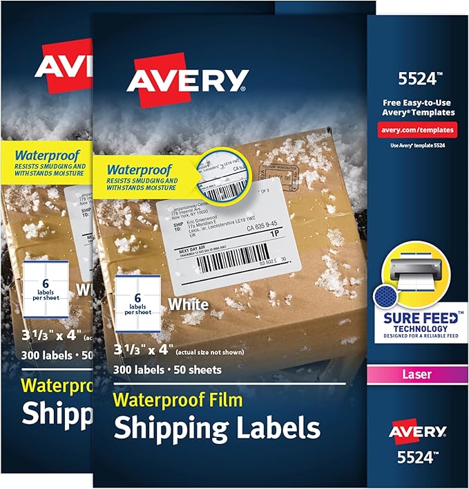 Avery Waterproof Labels with Ultrahold Permanent Adhesive, 3-1/3" x 4", Laser, 2-Pack, 600 Labels Total (25524)
