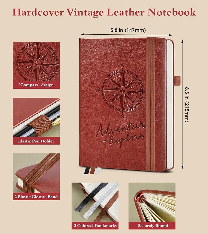 PAIBAS Graph Notebook for Women Men, 160 Pages Grid Paper, Graphing Notebooks for School, Work, Quad Ruled, Inner Pocket, A5 Hardcover Vintage Leather Journals for Writing, 5.8"x8.5" (Brown)