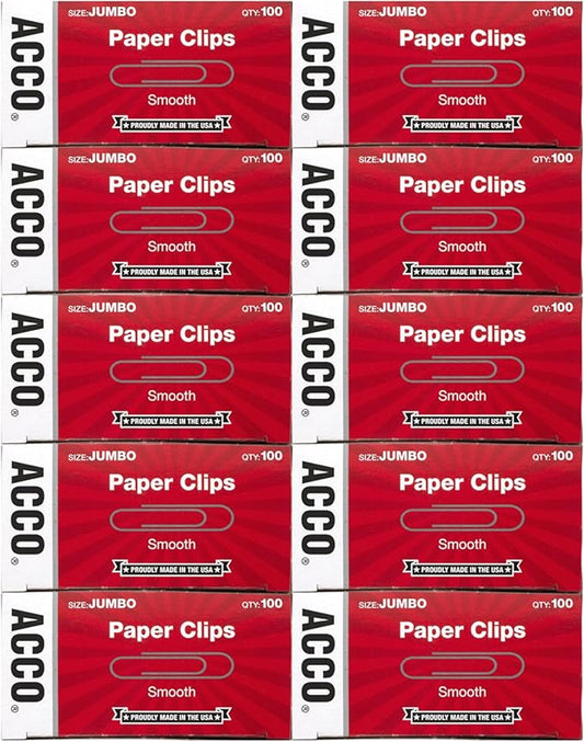 ACCO Brands Paper Clips, Jumbo, Smooth, Economy, 10 Boxes, 100/Box (72580)
