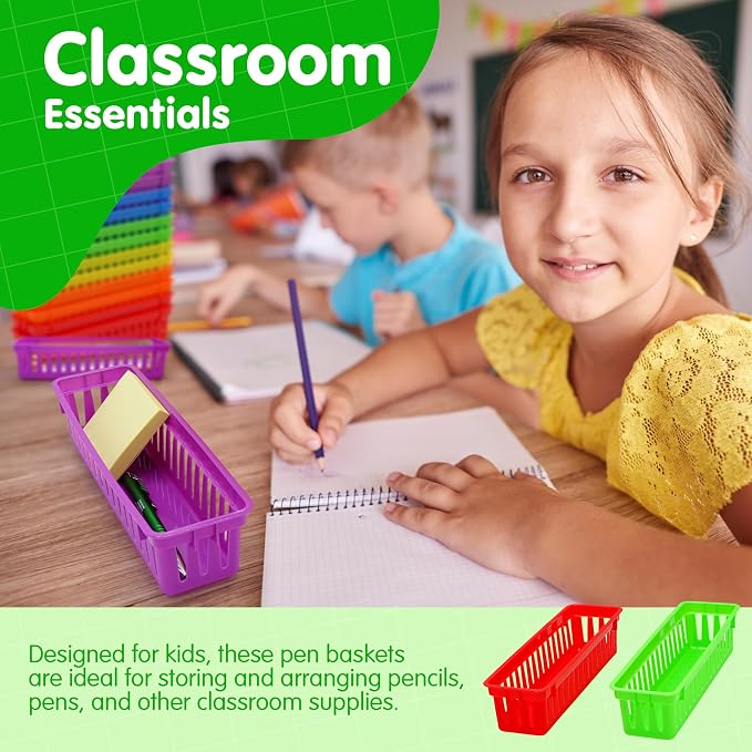 4E's Novelty 12 Pack Pencil Holder for Kids Desk, Colorful Plastic Pen Baskets Tray for Organizing Classroom Supplies, Plastic Caddy for Desk and Elementary Teacher Supplies for Classroom