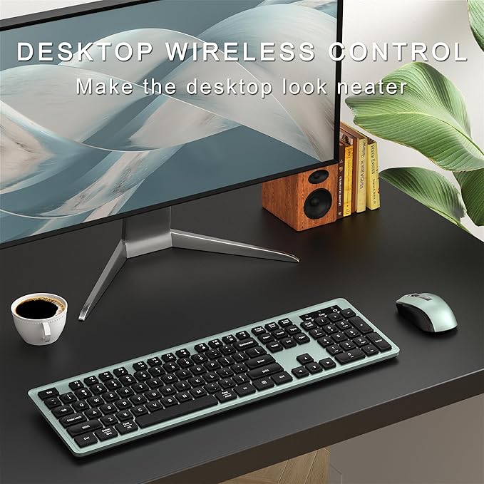 Wireless Keyboard and Mouse Combo, Full-Size 104-Key Office Keyboard with 15 Function Keys, Numeric Keypad, Single USB Receiver, Compatible with PC and Laptop(Green)