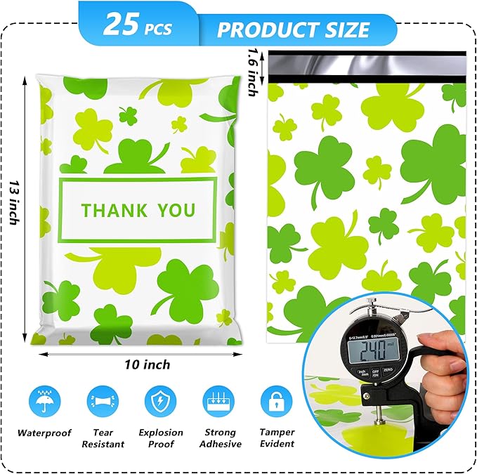 St Patrick's Day Poly Mailer 10x13 Inch 25 Pcs, Waterproof and Tear-Resistant Shipping Bags for Clothing, Poly Bags for Shipping, Clovers Printed Packaging Bags
