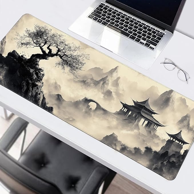 Long Gaming Mouse Pad Extended Anime Large Desk Pad with Non-Slip Base Full Keyboard Mat with Stitched Edges for Gaming and Office 31.5 x 11.8 inches (Black Ink Painting)