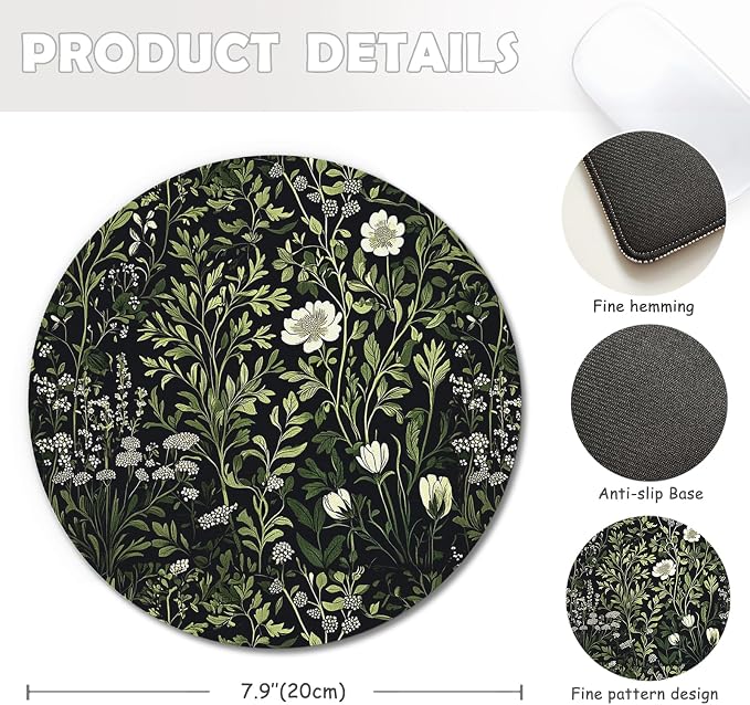 Floral Green Plant Mouse Pad, Vintage White Flower Botanical Cottagecore Mousepad Mouse Mat with Non-Slip Rubber Base for Home Office Desk Accessories, Green Office Supplies, 7.9x7.9 Inch