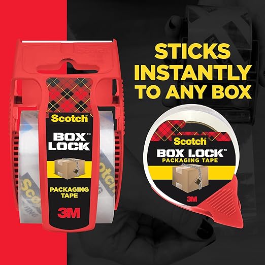 Scotch Box Lock Packing Tape, Clear, Extreme Grip Box Packaging Tape for Shipping and Mailing, 1.88 in x 1000 in, 1 Roll with Dispenser (Pack of 2)