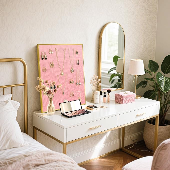 Linen Bulletin Board, 24"x18" Decorative Fabric Pin Board Vision Board | Gold Aluminum Frame, Upgraded Pink Canvas Surface, Wall Mounted, for Home Office Bedroom Dorm Wall Decor