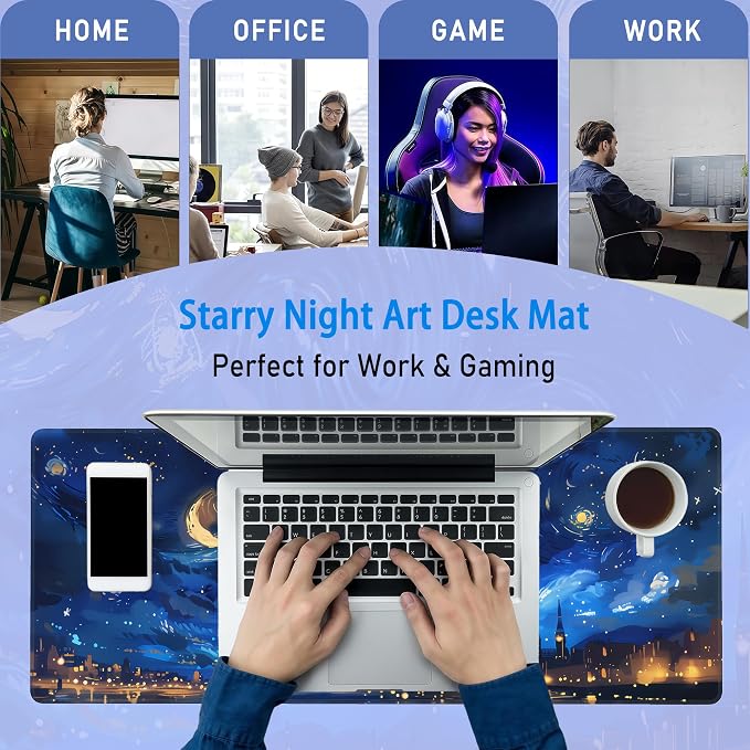 Starry Night Desk Mat,Large Van Gogh Art Gaming Mouse Pad,31.5x12 in | Blue Night Sky Moon Aesthetics Mousepad,XL Extended Desk Decor Deskmat,Soft Micro Woven Cloth Keyboard Pad,80 x 30 cm