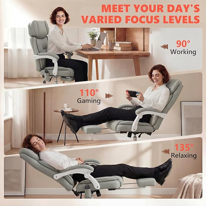 HOMCOM Massage Office Chair with Lumbar Heat, Ergonomic Executive Desk Chair with Adjustable Headrest, 6 Points Vibration, High Back, Reclining, Padded Armrests, Footrest, PU Leather, Light Gray