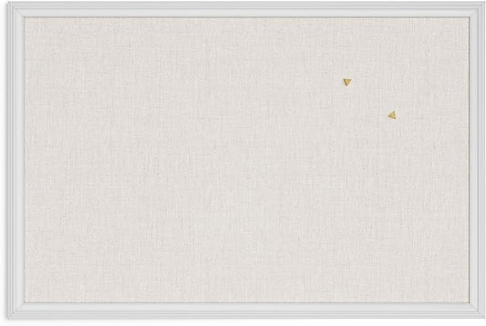 U Brands Farmhouse Bulletin Board, Linen Covered Corkboard with White Wood Frame, 30" x 20" (6711U00-01)