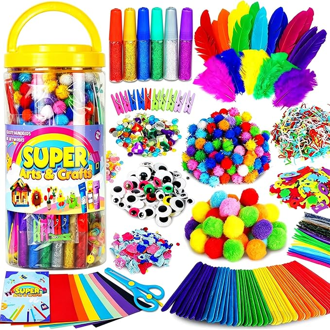 FUNZBO Arts and Crafts Supplies for Kids - Kindergarten School Craft Kit | with Glitter Glue Stick, Glue, Pipe Cleaners Craft and Kids' Scissor, Birthday Gifts for Toddler Girls Boys Age 4+