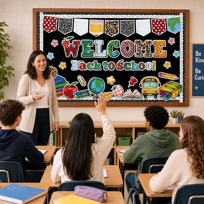 Welcome Back to School Bulletin Board Decoration Set Composition Notebook Classroom Decor Motivational Pencil Crayon Bus Paper Cutouts for First Day of School Office Wall Door Teacher Supplies