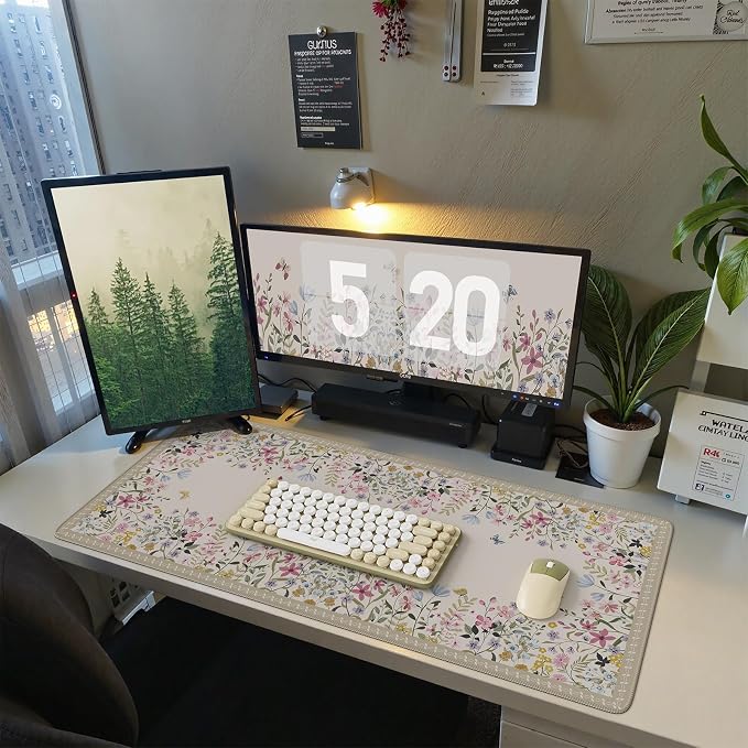 iCasso Floral Desk Mat,Cute Gaming Mouse Pad,Beige | Anti-Slip Desk Matt for Desktop,Soft Lycra Surface Computer Mat Women Girly for Home Office