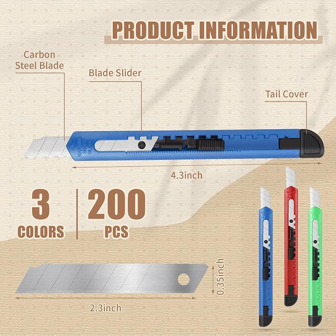 Lasnten 200 Pcs Box Cutter Utility Knife Small Retractable 9mm Wide Snap off Blade Knife Plastic Compact Box Opener with Sliding Lock Tools for Home Office Arts Crafts, 3 Colors