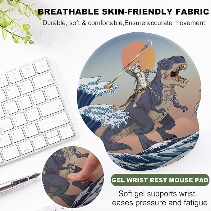 Cat and Dinosaur Mouse Pad with Gel Wrist Support, Smooth Surface Ergonomic Mouse pad, Non-Slip Pain Relief Desk Mat for Gaming, Work & Office Desktop