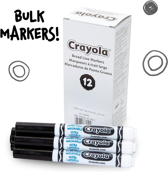 Crayola Washable Markers for Kids - Black (12ct), Bulk Broad Line Markers for School, Classroom Essentials, Teacher Classroom Must Haves for Elementary School