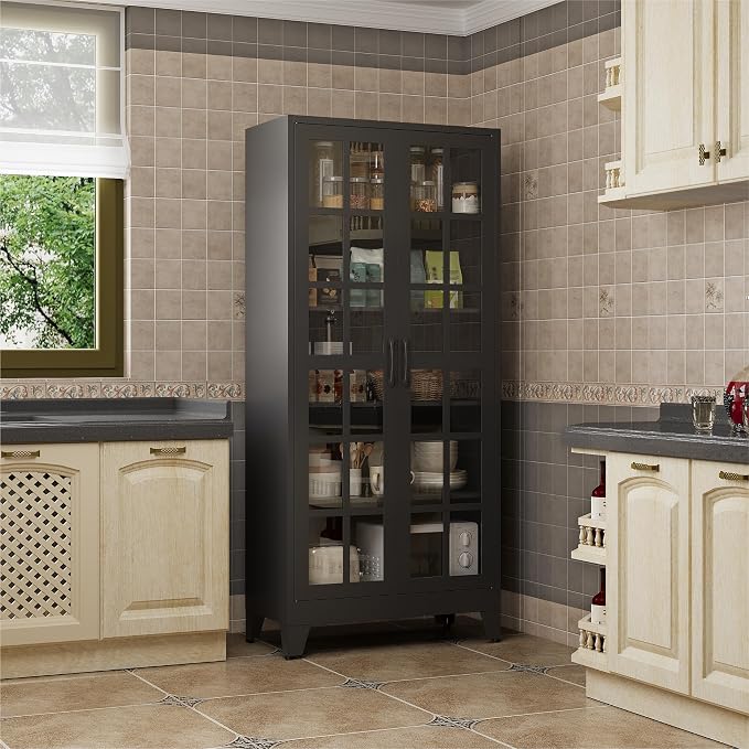 QINPTWUT 71" Tall Glass Door Storage Cabinet, Modern Metal Pantry Cabinet with 4 Adjustable Shelves, Freestanding Display Cabinet for Kitchen, Living Room, Dining Room, Home Office (Black)