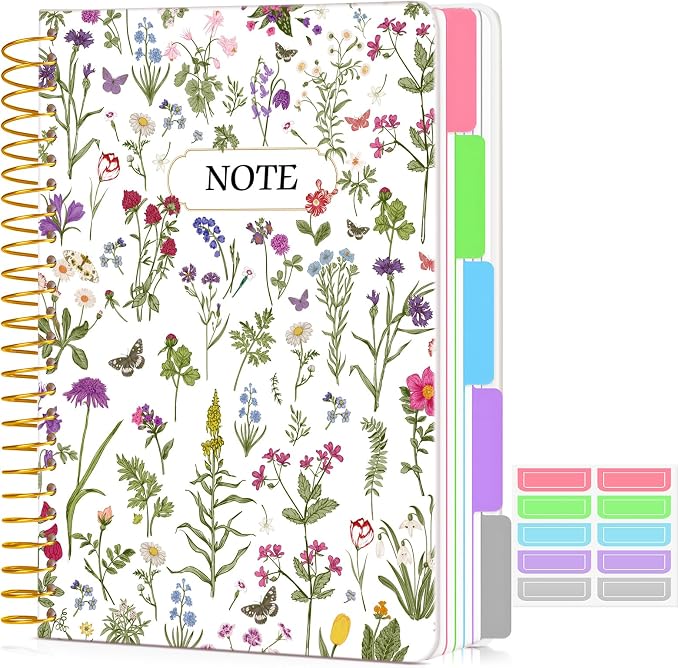 5 Subject Notebook College Ruled 240 Pages, A5(5.8"x8.3") Hardcover Spiral Notebook with Removable Dividers Tabs, Lined Spiral Journal Notebook for Women, Notebooks for Work School，whitespringflower