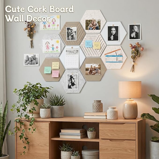 10 Pack Hexagon Cork Board, 12" x 10" Self-Adhesive Felt Bulletin Board Tiles with 40 Pushpins, Pin Boards for Wall Decor Home Office School DIY Display Boards for Photos (Camel Color Theme)