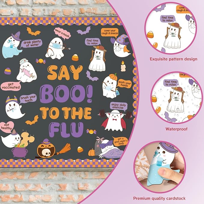 Wxiben Halloween Ghost School Nurse Bulletin Board Classroom Decorations | Pumpkin Bat Paper Cutouts Set for School Chalkboard, Pastel Office Wall Decor Supplies