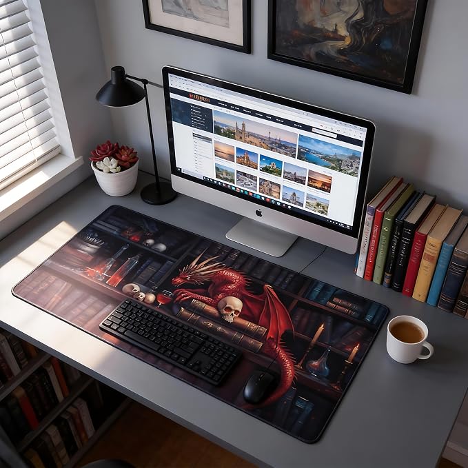 Aesthetic Dragon Gaming Mouse Pad, Ink Blue Red Mystical Desk Mat with Anti-Slip Base & Stitched Edges, Office & Home Desk Decor for Women, 35.4" x 15.7" in Computer Desktop Mat