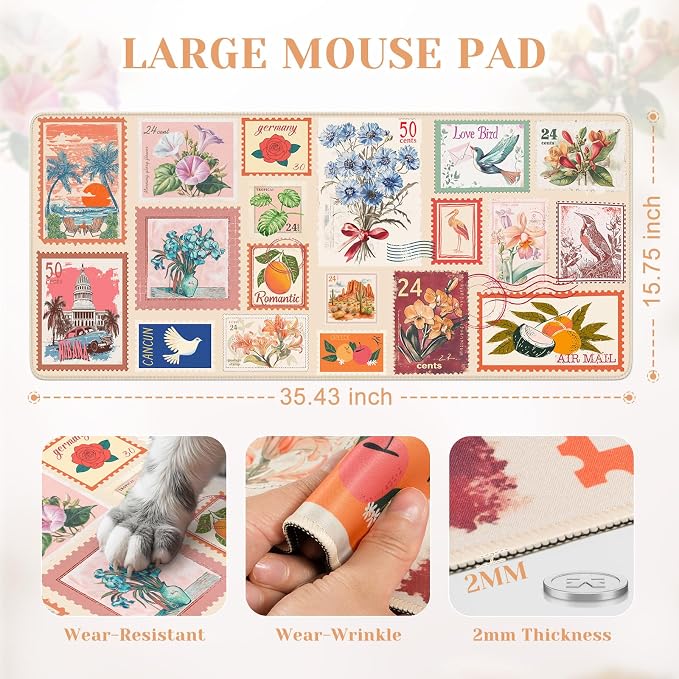 iCasso Vintage Floral Desk Mat, XXL Collage Mouse Pad,Beige | Anti-Slip Big Mousepad with Stitched Edges for Aesthetic Office Decor,Cute Desk Decor Accessories