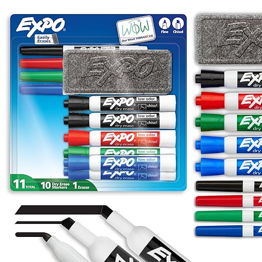 EXPO Dry Erase Markers Set, Fine & Chisel Tips, 11 Count - Classroom, Office Supplies, For White Boards, Easily Erases