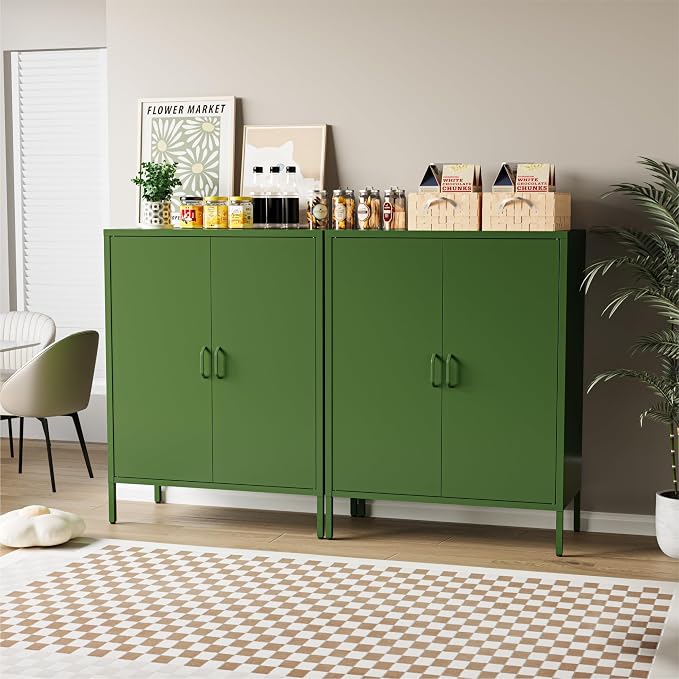 COFaR Forest Green Metal Cabinet, 40” Kitchen Pantry & Coffee Bar Cabinet, 3-Tier Adjustable Shelf Organizer with Magnetic Doors, Rustic Modern Sideboard for Dining Room, Home Office