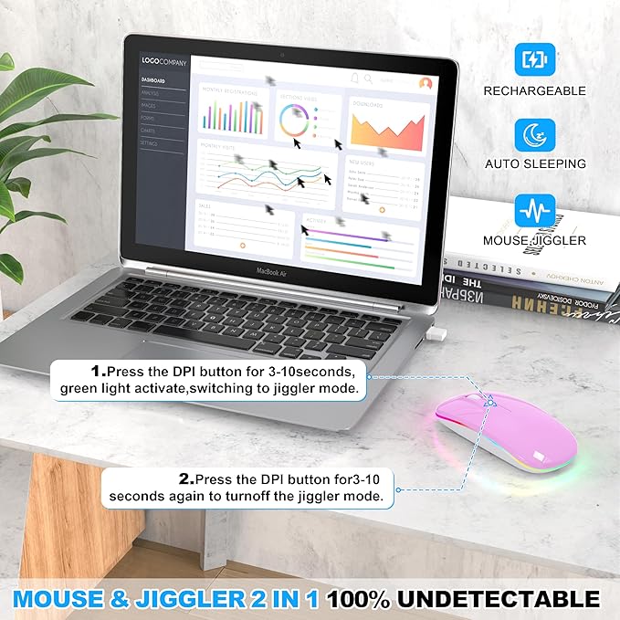 Azmall Bluetooth Wireless Mouse, Slim LED Rechargeable Silent Mouse with 2.4GHz USB-A/USB-C Receiver & Type-C Adapter, Compatible with Laptop, MacBook, iPad, iPad Pro,Mac,Tablet - Purple