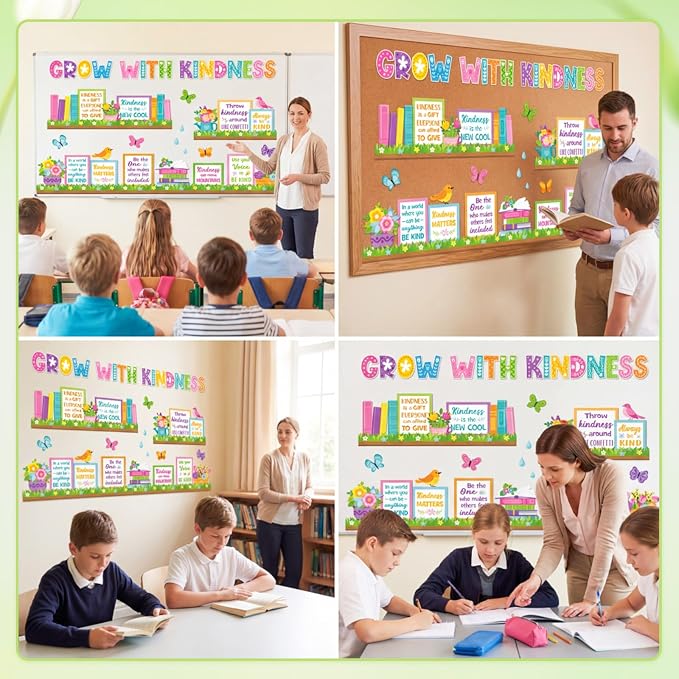 Qilery Grow with Kindness Bulletin Board Set Spring Classroom Decorations | Motivational Reading Posters for Teachers Elementary School Library Wall Decor Flower Book Cutouts for Kindness Week Display