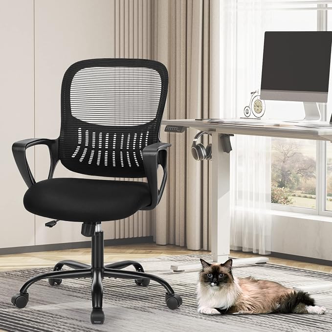 Sweetcrispy Home Office Chair, Mesh Office Chair, Lumbar Support, Black | Adjustable Height, 360° Swivel Wheels, Mid-Back, Comfy Arms for Small Space, Bedroom, Study, Managerial Executive