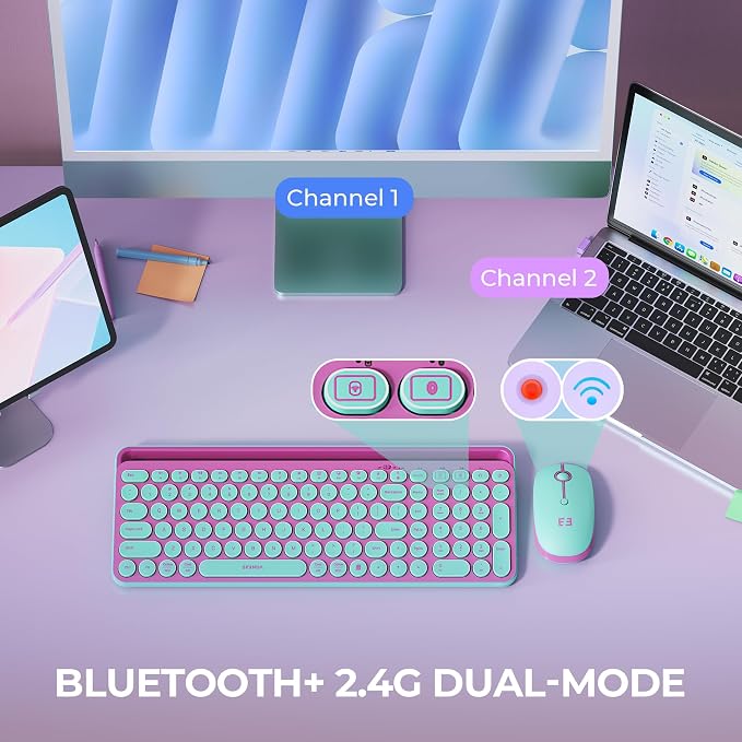 seenda CTU-301 Bluetooth Keyboard and Mouse Combo for iPad,Green&Pink | Bluetooth+2.4G combo with tablet holder, full-size keys and quiet clicks for iPad, iPhone, Mac, Windows and Android.
