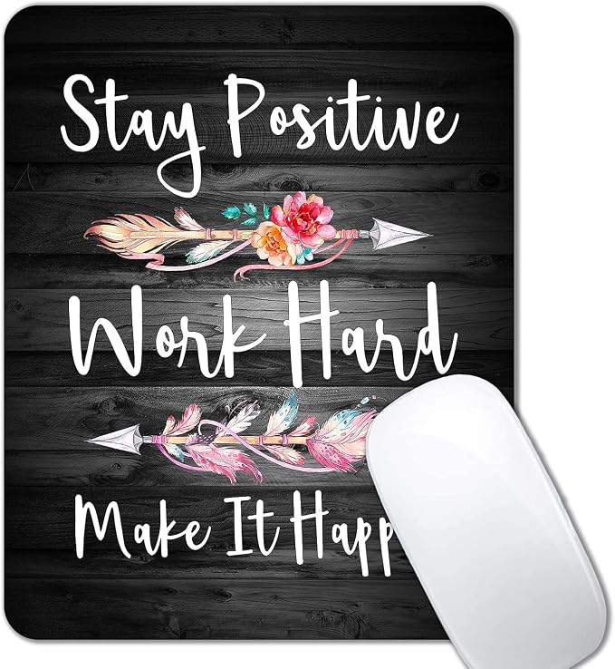 Rustic Black Wood Grain Mouse Pad, Black and White Quote Mouse Pad Office Decor, Mousepad Inspirational Quotes for Women, Stay Positive Work Hard and Make It Happen, 9.5 x 7.9 Inch