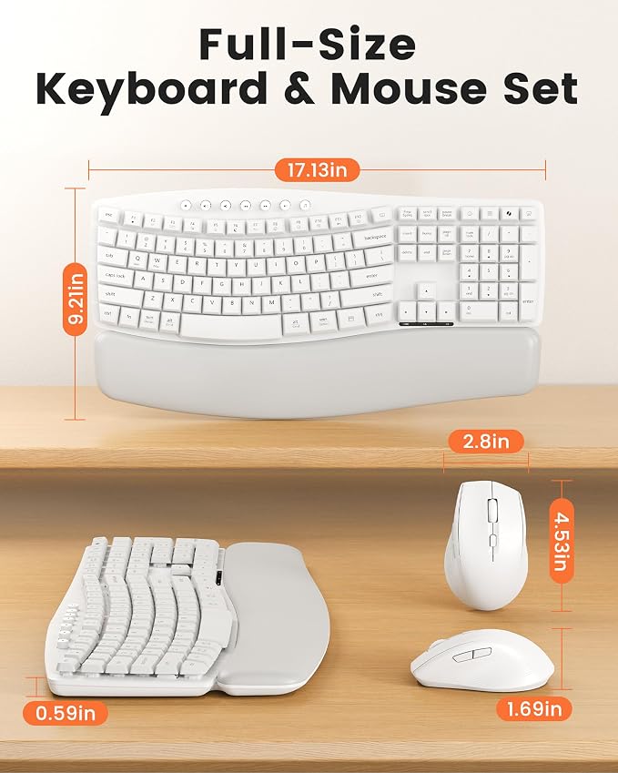 White Wireless Keyboard and Mouse Combo for MacBook & Windows, 30dB Quiet Ergonomic Keyboard Set with Wave Keys & Soft Palm Rest, Silent Typing, Dual-System Switch, Ideal for Home Office—Sablute