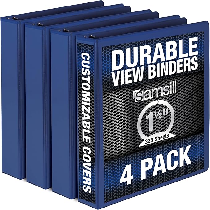 Samsill 4 Pack Durable 1.5 Inch 3 Ring Binders, Round Ring, Clear View Cover for Presentations, Blue