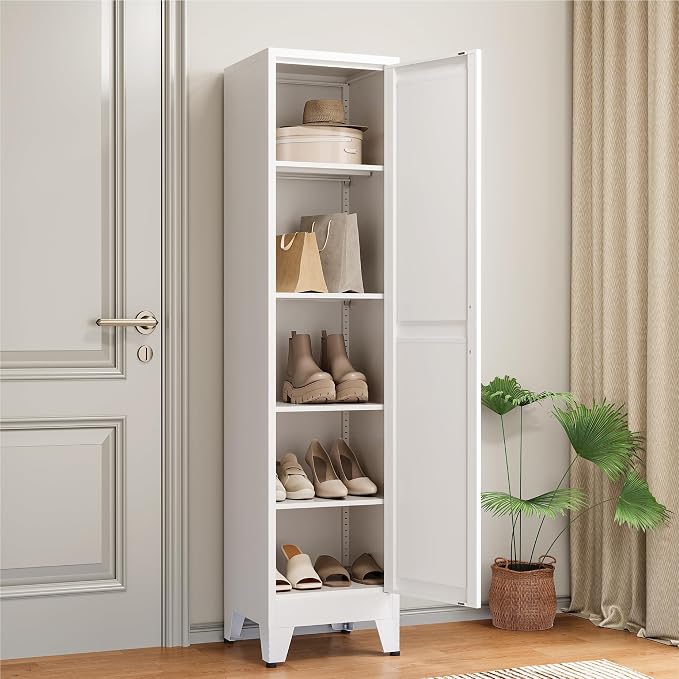 COFaR 67" Tall Metal Pantry Cabinet, White Storage Cabinet with Magnetic Door & 4 Adjustable Shelves, Slim Freestanding Cupboard for Kitchen, Bathroom, Living Room