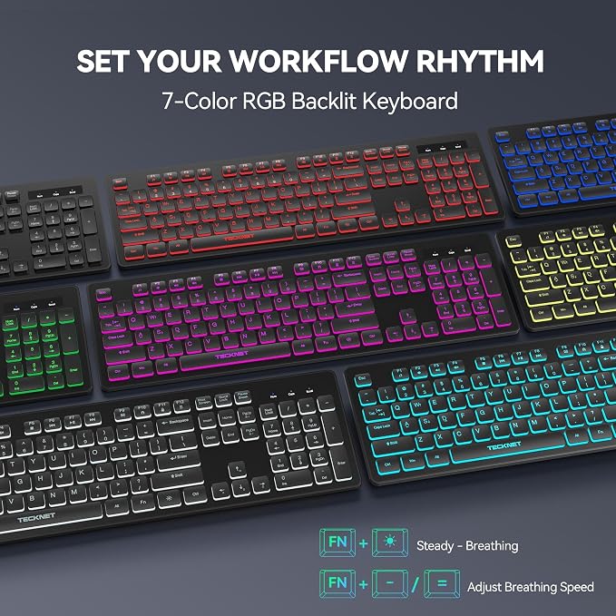 TECKNET Wired Keyboard, Silent Typing, Full-Size Layout,RGB Backlit | Spill-Resistant Design, USB-A Plug & Play, Slim Membrane Keys, Office Ready, PC, Laptop & Mac Compatible
