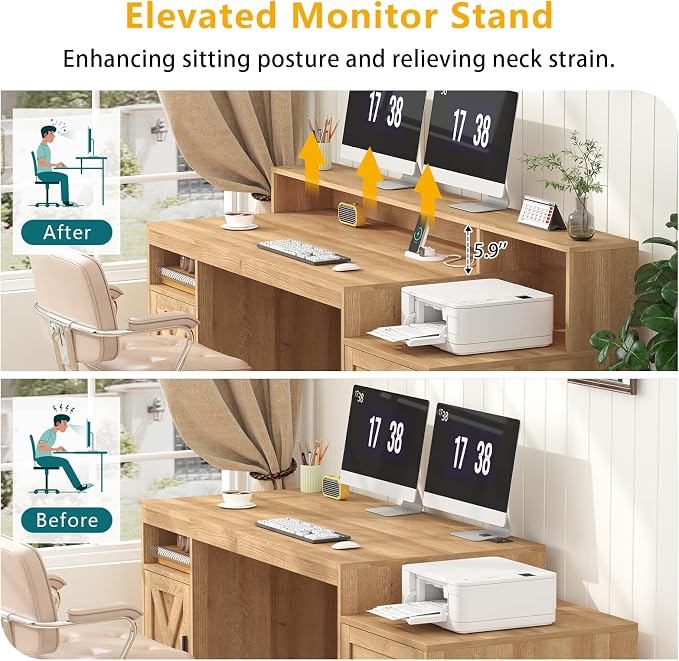 65" Farmhouse Computer Desk with Drawers and Printer Stand for Home Office | Office Desk with Power Outlets and Storage Cabinet, Study Writing Desks with Long Monitor Stand, Oak