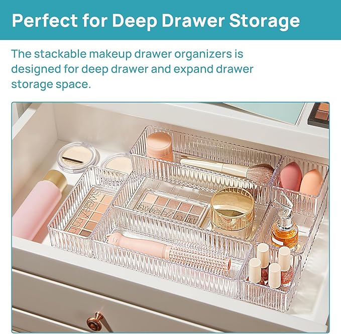 Vtopmart 7 PCS Clear Makeup Drawer Organizers Bins, 4-Size Stackable Makeup and Vanity Organizer Trays, Acrylic Bathroom Storage Containers for Cosmetic, Toiletries, Office Supply, Utensils, Gadgets | Vanity Organizer Trays for Makeup, Cosmetics, Jewel...