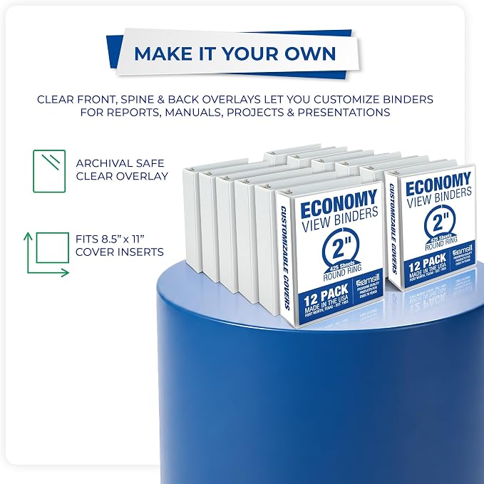 Samsill 2 Inch 3 Ring Binders, Economy Round Ring, Clear View Cover, 425 Sheet Capacity - for School, Home, Office - White, 12 Pack