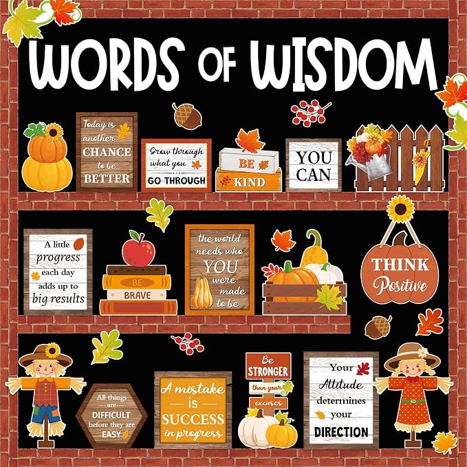 Mooliwe 57 Pcs Fall Bulletin Board Set Inspirational Cutouts Classroom | Words of Wisdom Teacher Decor, Scarecrows Pumpkins Leaves Cutouts, Office School Wall Supplies, Motivational Quotes