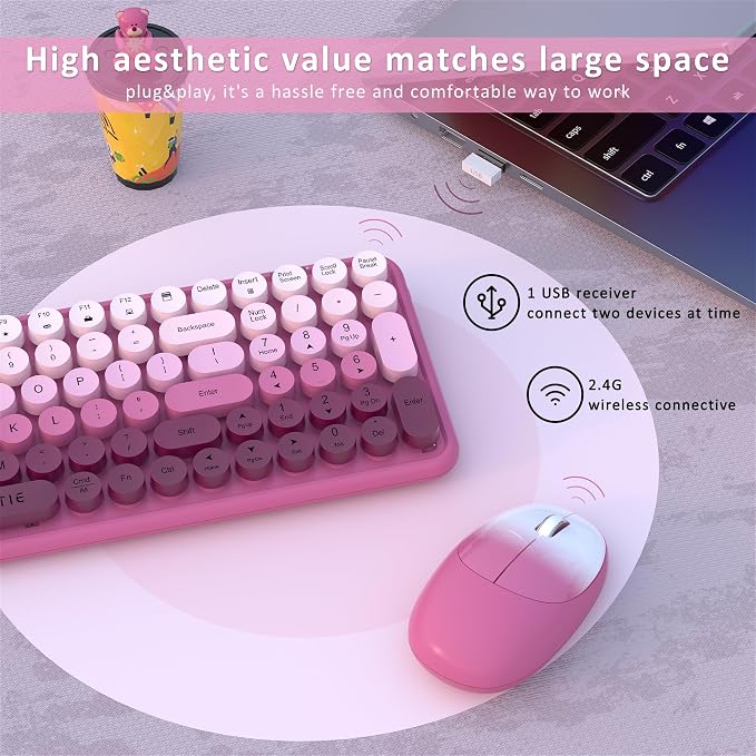UBOTIE Wireless Keyboards and Mouse Combo (Rosy Gradient) | Colorful Gradient Rainbow Color Retro Typewriter Flexible Keyboard, 2.4GHz Connection and Optical Mouse for PC Wins Mac