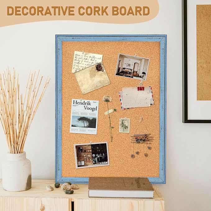 DOLLAR BOSS Cork Board, 24" X 18" Rustic Framed Bulletin Board, Blue | Decorative Pin Board, Wall Hanging Notice Board, For Office & Home Decor Memo Display, With Pins