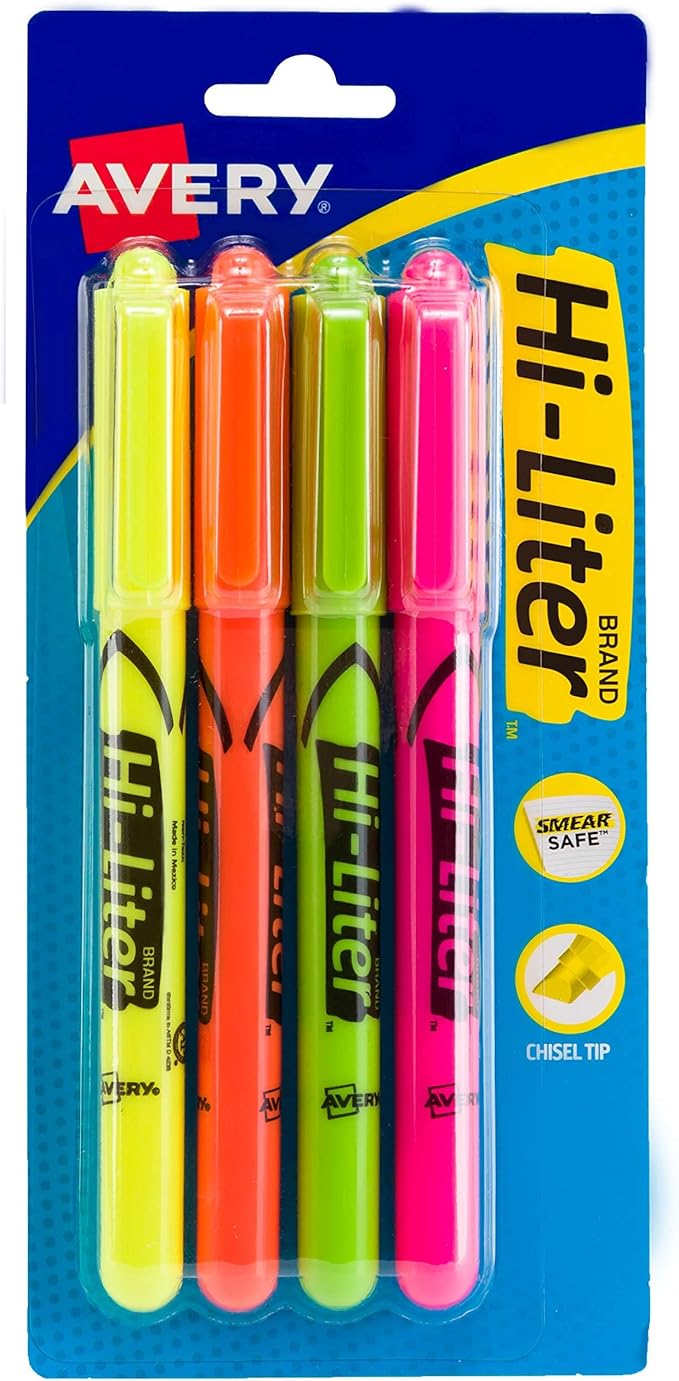 Avery Hi-Liter Pen-Style Highlighters, Smear Safe Ink, Chisel Tip, 4 Assorted Color Highlighters (23545)
