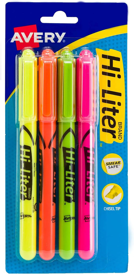 Avery Hi-Liter Pen-Style Highlighters, Smear Safe Ink, Chisel Tip, 4 Assorted Color Highlighters (23545)