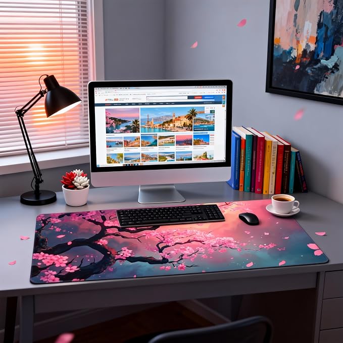 Cute Floral Aesthetic Cherry Gaming Mouse Pad, Pink Japanese Desk Mat with Anti-Slip Base & Stitched Edges,35.4" x 15.7" in Table Mat for Computer Desktop, Beautiful Workstation Decor