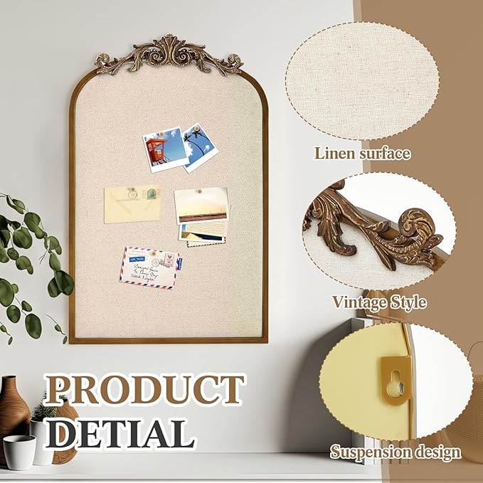 Vintage Framed Pin Board Linen Display Bulletin Board Large Ornate Fabric Picture Photo Pinboard Memo Decorative Prayer Pinboard Ornate for Wall Gift(Arch,19" X 31",Retro Golden)