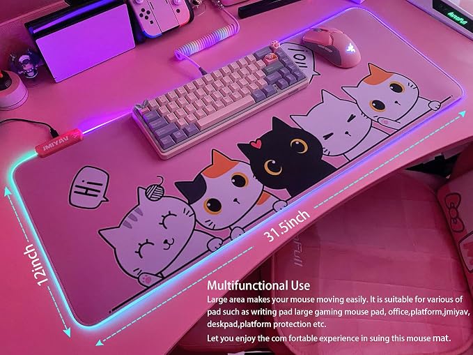 JMIYAV Pink Kawaii Cat RGB Gaming Mouse Pad 31.5x12 Inch PC XL Large Extended Glowing Led Light Up Cool Mouse pad Desk Pad Non-Slip Rubber Computer Mouse Mat Cute Mousepad 31.5x12 Inch