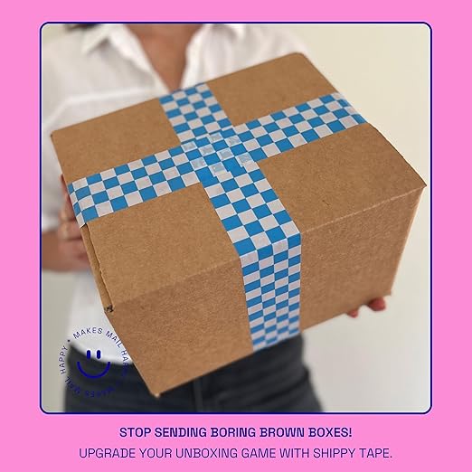 Decorative Packing Tape with Pink Dispenser – Checkered Cream & Blue, 1.88" x 22.2 Yards – Cute Printed Shipping Tape for Gifts, Small Business Essentials, and Mailers