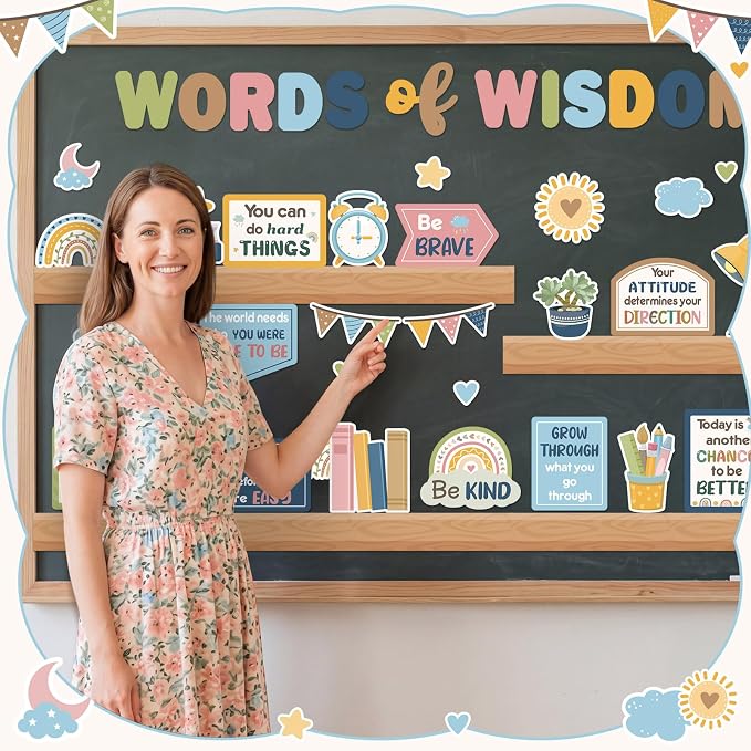 Qilery Bookshelf Bulletin Board Pastel Boho Words of Wisdom Classroom Decor | Inspirational Cutouts for Back to School Reading Corner Teacher Supplies, Positive Affirmation Wall Decor