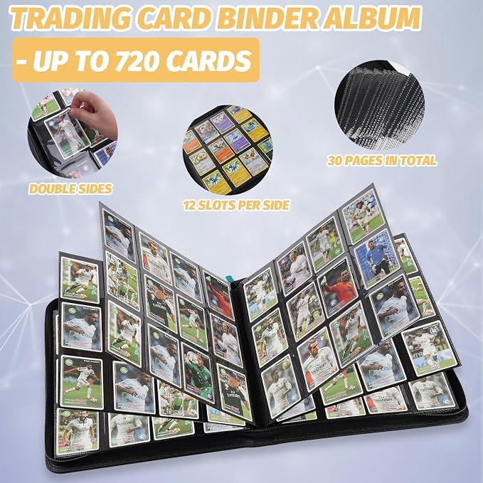 12 Pocket Ringless Side Loading Trading Card Binder, 720 Cards PU Fixed Page Zipper Card Album for TCG Sports Game Cards, Not Fit Top Loaders (Lake Blue)